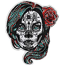 Parches ropa termoadhesivos - La Calavera Catrina, parche bordado con calavera mexicana, emblema de calavera de azúcar con rosa - Aplicación para planchar - 80x100mm