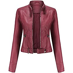 YYNUDA Elegante chaqueta de piel sintética con cremallera para motocicleta, corta de poliuretano para motociclista, abrigo ajustado, rosso, M